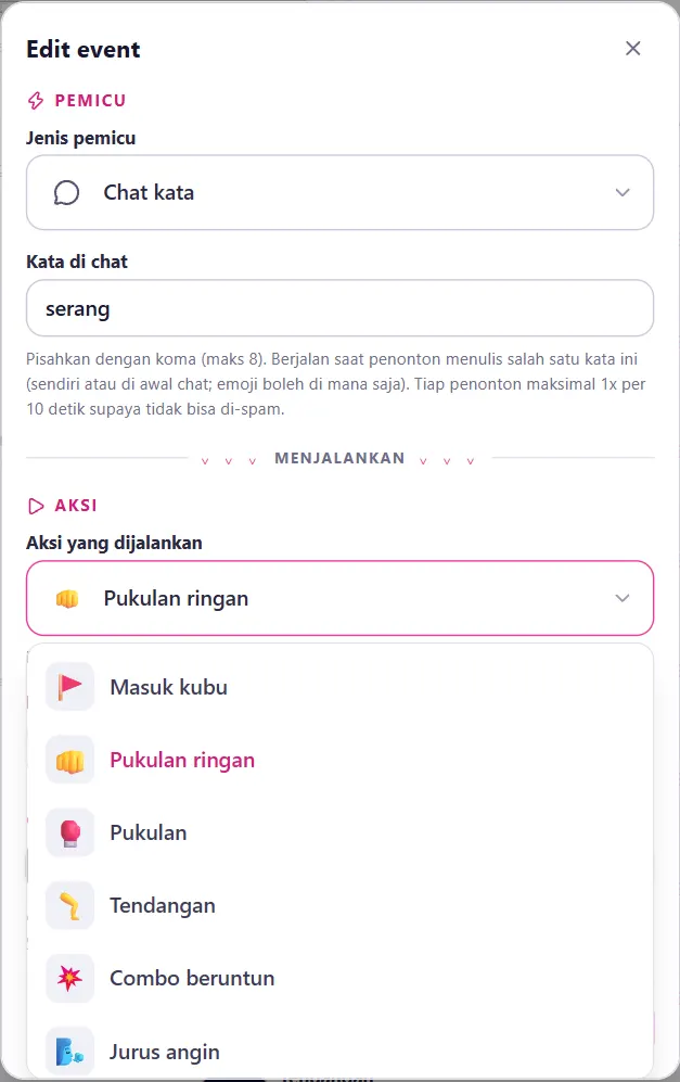 AKSI → Aksi yang dijalankan: daftar aksi game
