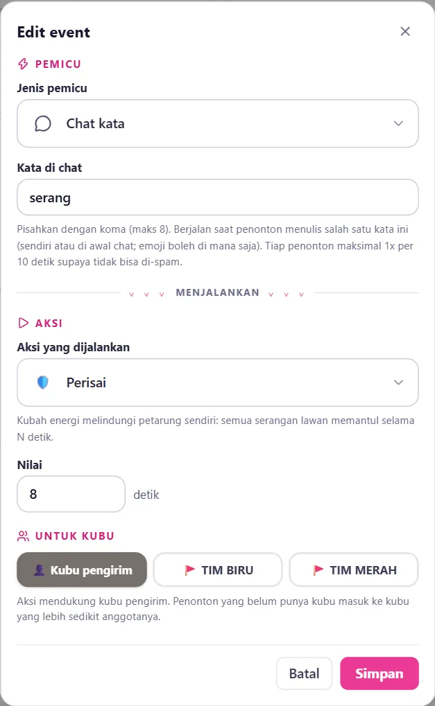 Aksi berdurasi (Perisai) bernilai detik dan bagian UNTUK KUBU
