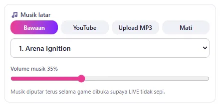 Kotak 🎵 Musik latar: Bawaan, YouTube, Upload MP3, Mati & Volume musik