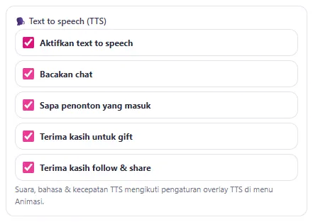 Kotak 🗣️ Text to speech: Bacakan chat, Sapa penonton, Terima kasih gift, follow & share