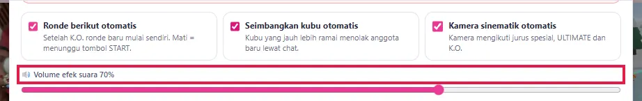 Slider 🔊 Volume efek suara di bagian atas pengaturan game