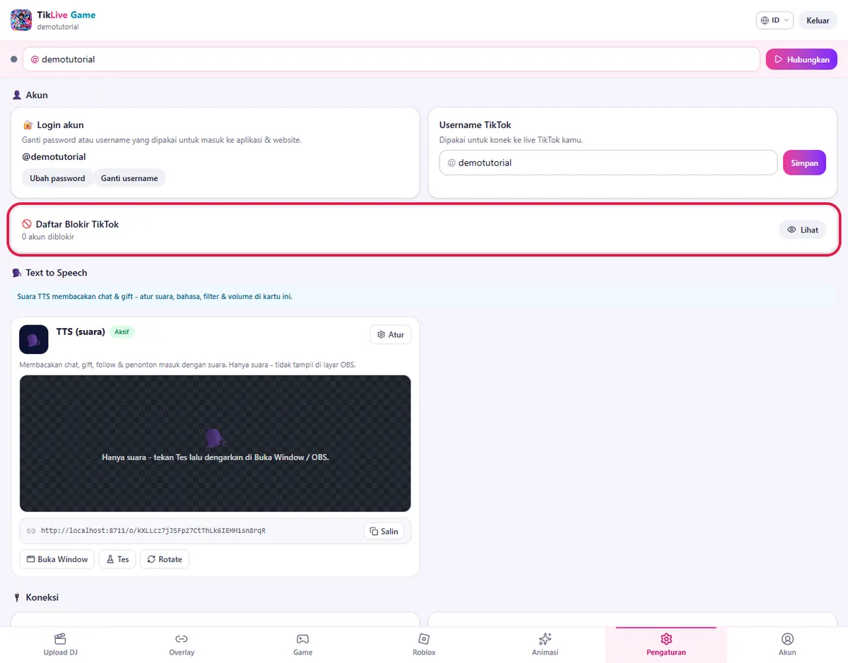 Tab Pengaturan → 👤 Akun: kartu Daftar Blokir TikTok dan jumlah akun diblokir