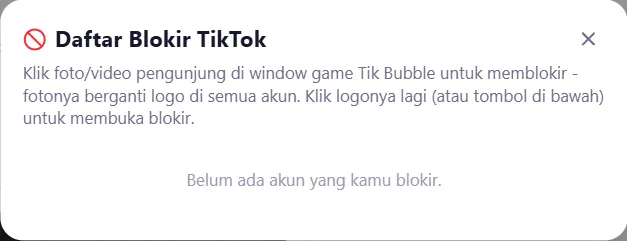 Klik Lihat: daftar akun diblokir (foto, @username, tanggal) dengan tombol Buka