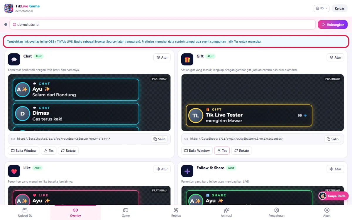 Tab Overlay dengan kotak keterangan biru dan daftar kartu