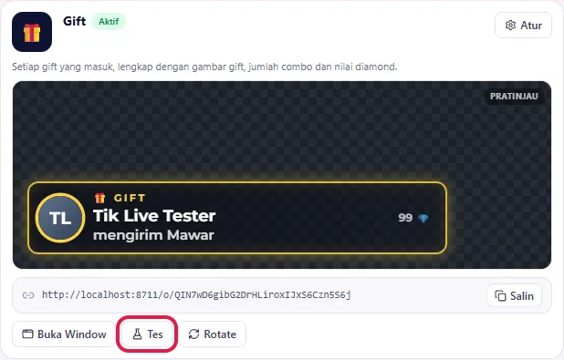 Klik Tes - kartu KIRIM GIFT! muncul di pratinjau