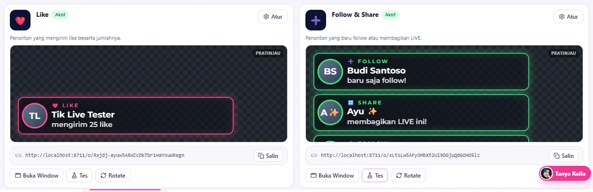 Klik Tes di kartu Like dan Follow & Share