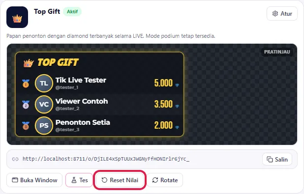 Kartu Top Gift setelah Tes - papan 👑 TOP GIFT; tombol Reset Nilai