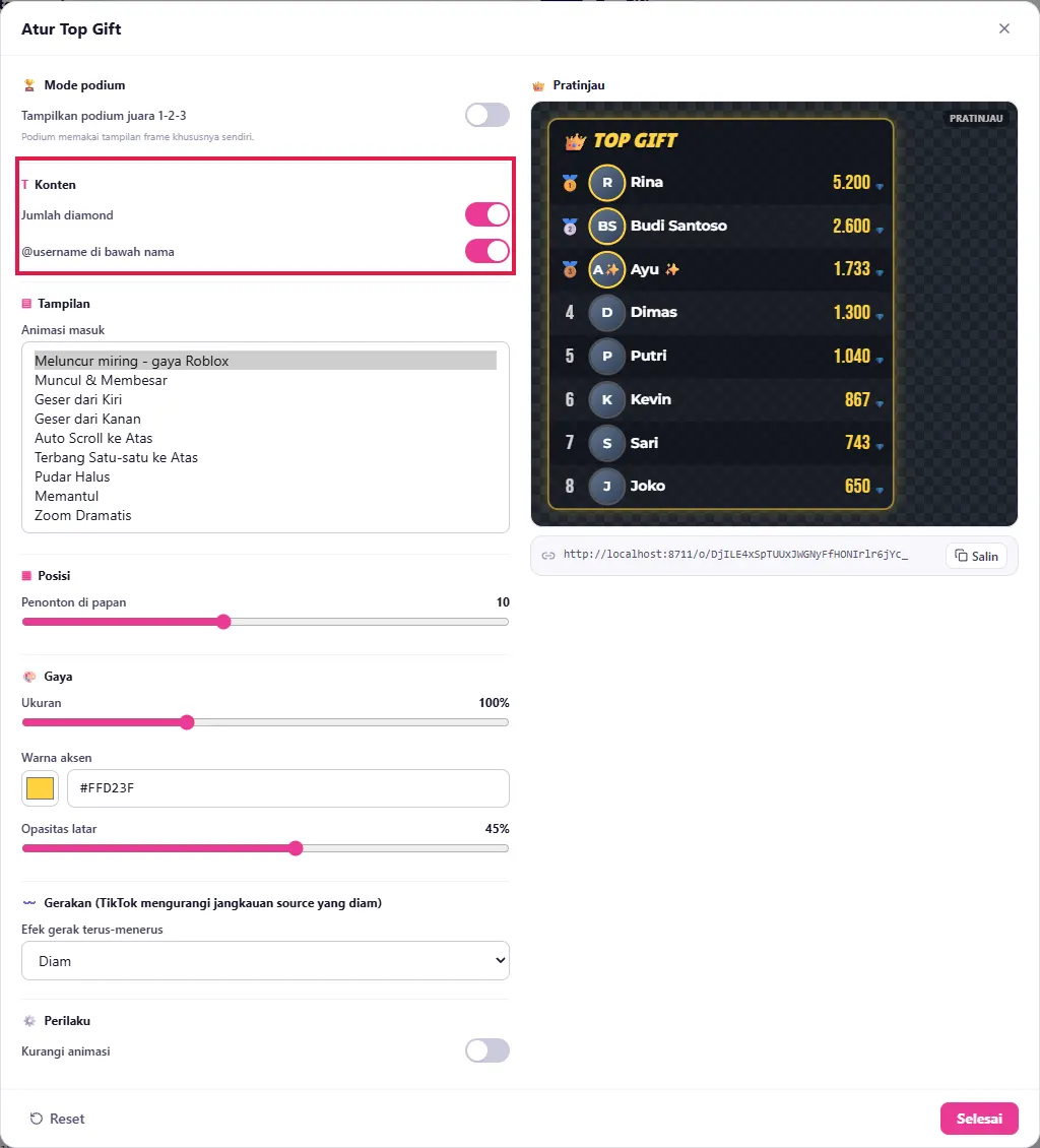 Atur Top Gift - Konten (Jumlah diamond, @username), Animasi masuk, Posisi, Gaya & Gerakan