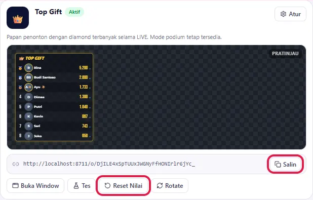 Tombol Reset Nilai (kosongkan papan) dan Salin link di kartu Top Gift