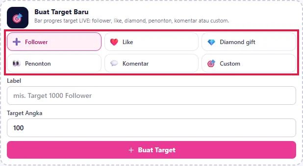 Enam tombol metrik: Follower, Like, Diamond gift, Penonton, Komentar, Custom