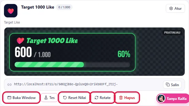 Klik Tes - bar tampil di pratinjau; tombol Buka Window, Reset Nilai, Rotate, Hapus