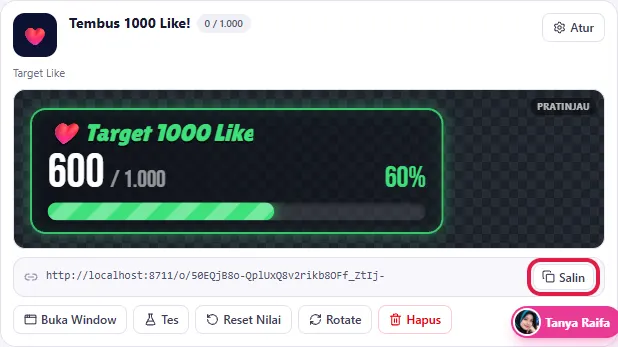 Klik Salin pada baris link target
