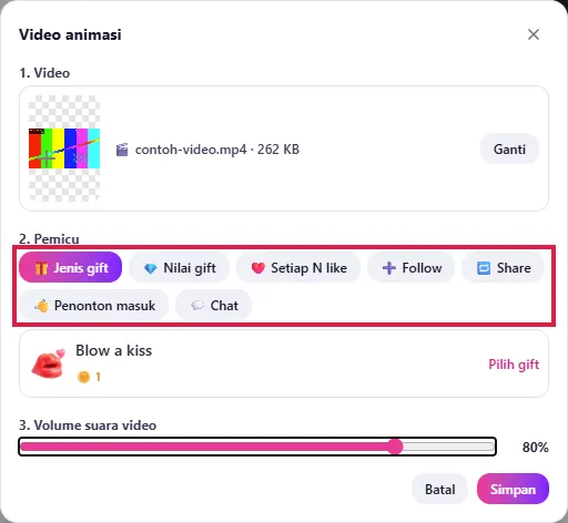 Jendela Video animasi: 1. Video terupload, 2. Pemicu Jenis gift, 3. Volume 80%, lalu Simpan