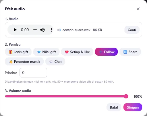 Tambah efek audio: upload suara, pemicu Follow, lalu Simpan