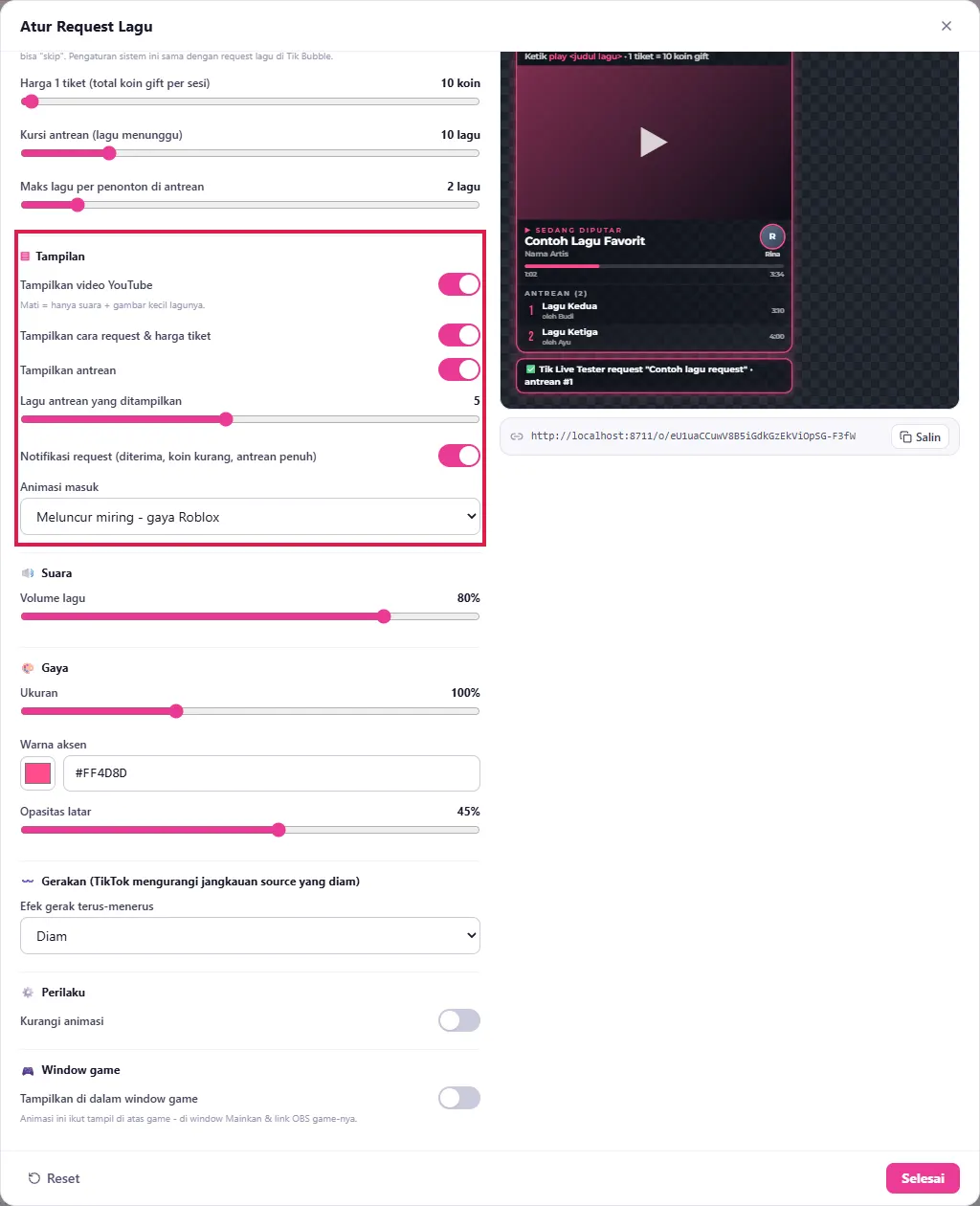 Tampilan: video YouTube, cara request & harga tiket, antrean, notifikasi, animasi masuk
