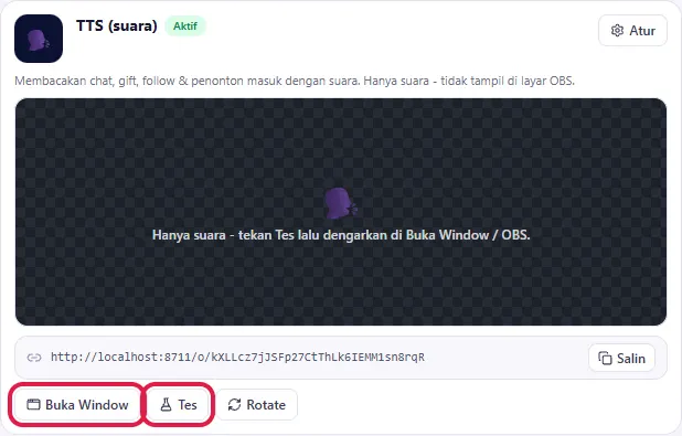 Klik Buka Window lalu Tes untuk mendengar suara contoh