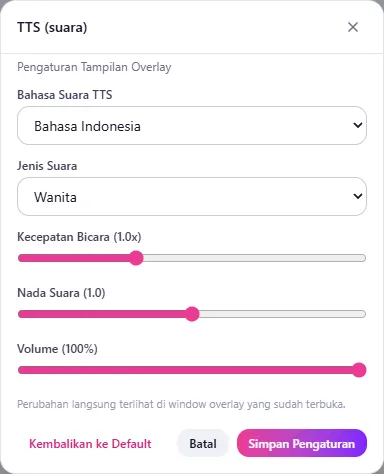 Jendela TTS (suara): Bahasa, Jenis Suara, Kecepatan, Nada, Volume - Simpan Pengaturan