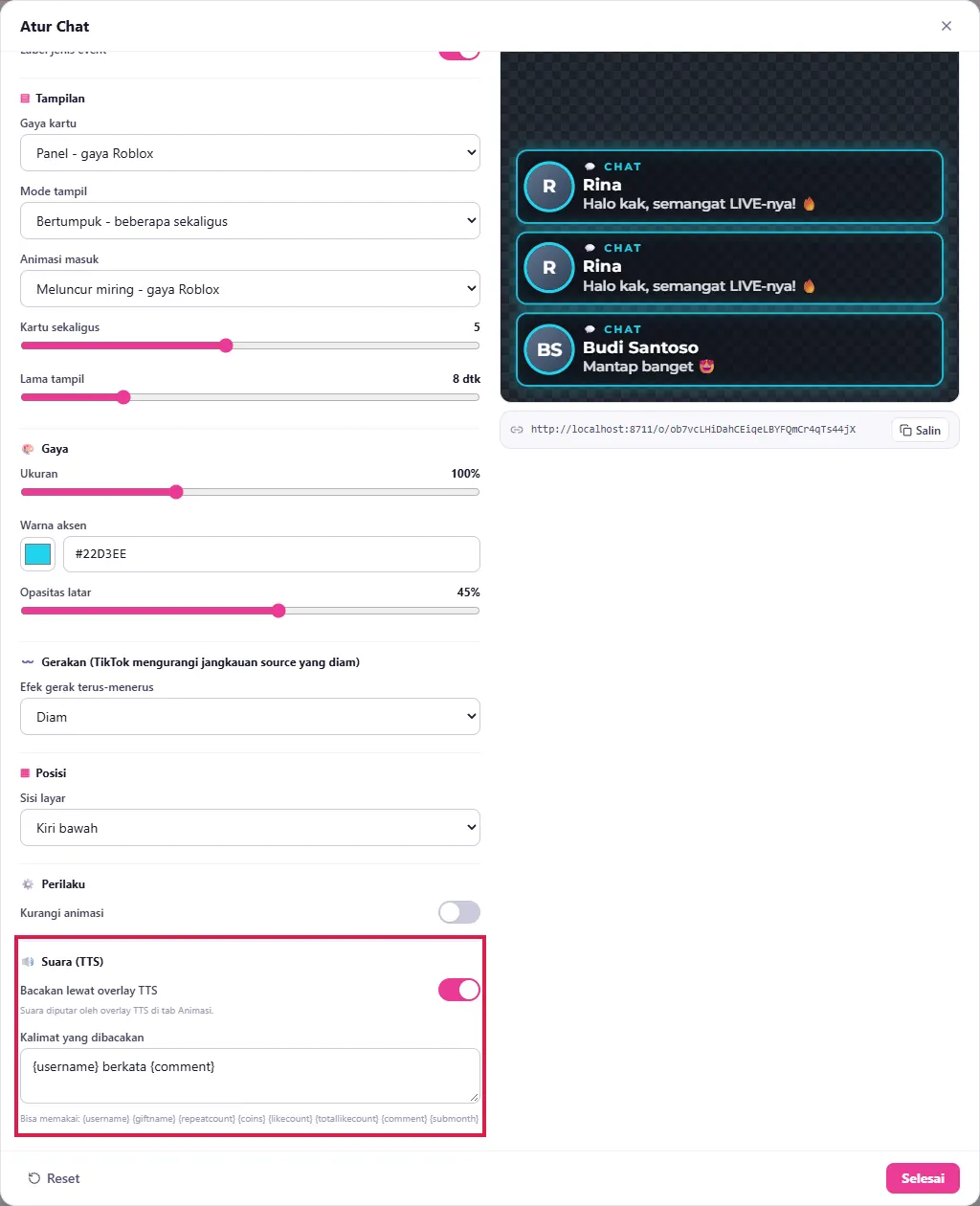 Atur Chat - Suara (TTS): Bacakan lewat overlay TTS & kalimat {username} berkata {comment}