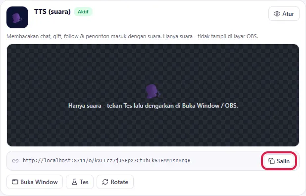 Klik Salin di kartu TTS (suara)