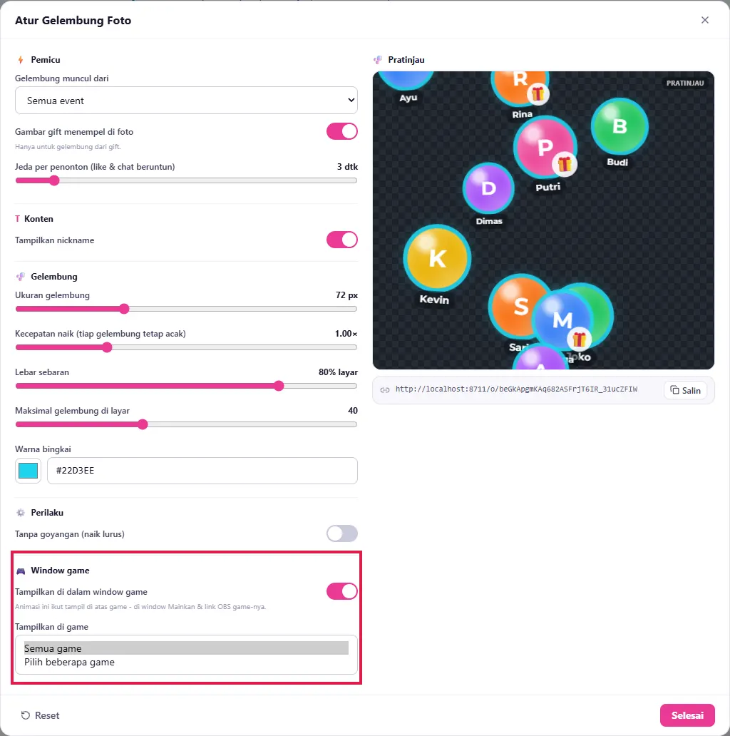 Nyalakan Tampilkan di dalam window game, lalu Tampilkan di game: Semua game
