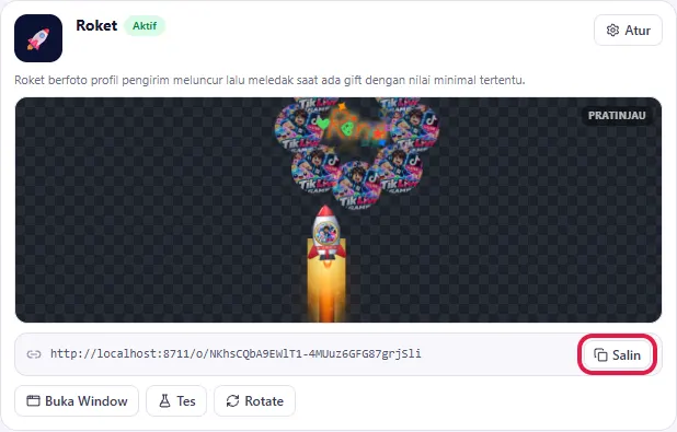 Tombol Salin link di kartu Roket