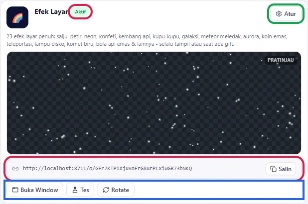 Kartu Efek Layar: Aktif, link + Salin, tombol, Atur