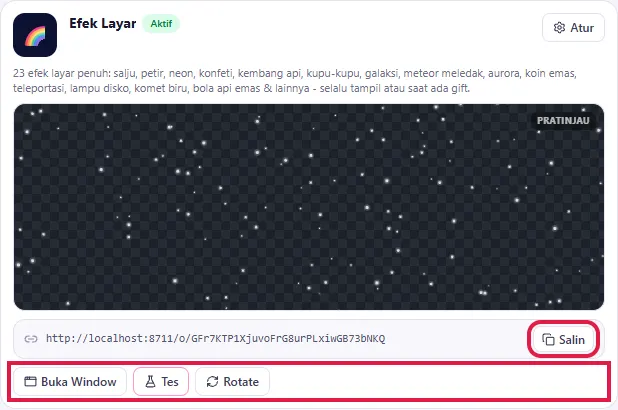 Tombol Tes & Salin di kartu Efek Layar
