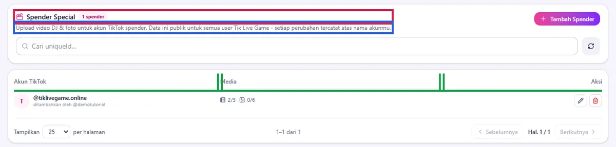 Menu Upload DJ: judul Spender Special, penjelasan, kolom tabel