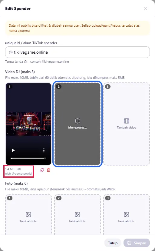 Video ke-1 terupload (ukuran, durasi, oleh @username) & slot 2 Memproses…