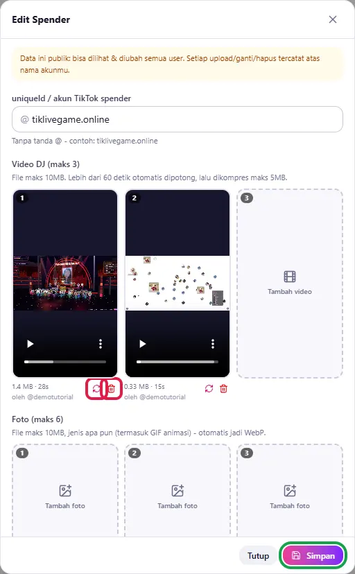 Ikon Ganti & Hapus di bawah video, tombol Simpan