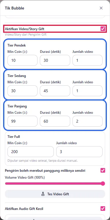 Pengaturan Tik Bubble: Aktifkan Video/Story Gift & Tier Pendek/Sedang/Panjang