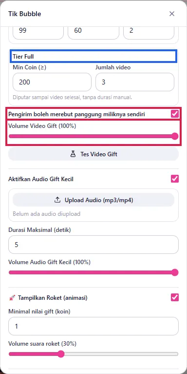 Tier Full, Pengirim boleh merebut panggung, Volume Video Gift