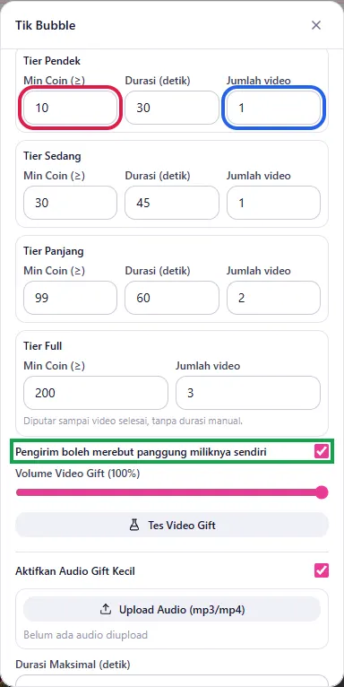 Tier Pendek: Min Coin & Jumlah video, Pengirim boleh merebut panggung