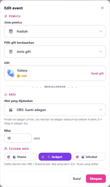 Edit event: gift Galaxy → OBS: Ganti adegan 15 detik ke adegan Jackpot