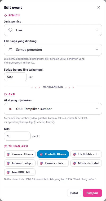 Edit event: setiap 500 like (semua penonton) → OBS: Tampilkan sumber Konfeti · Utama 10 detik