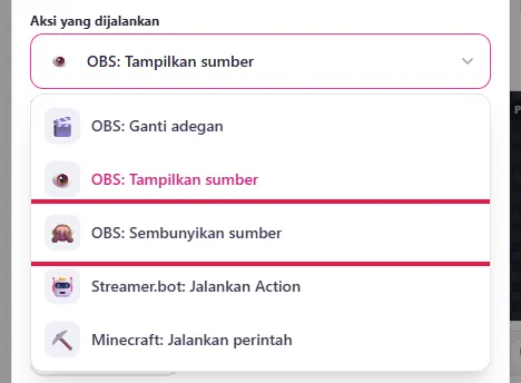 Pilihan aksi OBS: Sembunyikan sumber