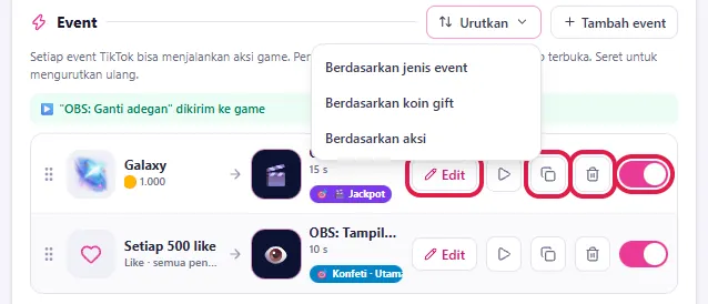 Tombol Edit, Duplikat, Hapus, sakelar Aktif & menu Urutkan