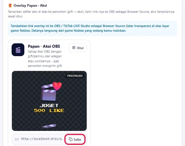 Overlay Papan · Aksi: tombol Salin link