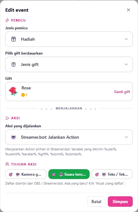 Edit event: gift Rose → Streamer.bot: Jalankan Action (variabel %user% dst.), tujuan Suara terompet
