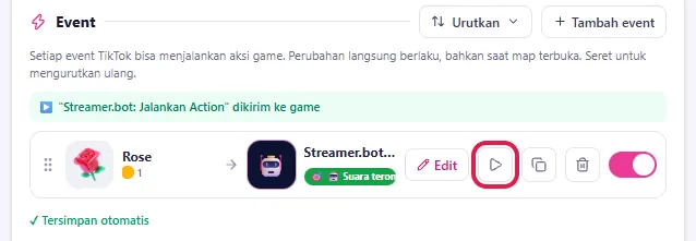 Event Rose tersimpan, klik ▶ Tes di game