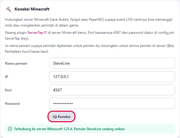 Kartu Koneksi Minecraft: nama pemain, IP, port 4567, password; Uji Koneksi berhasil