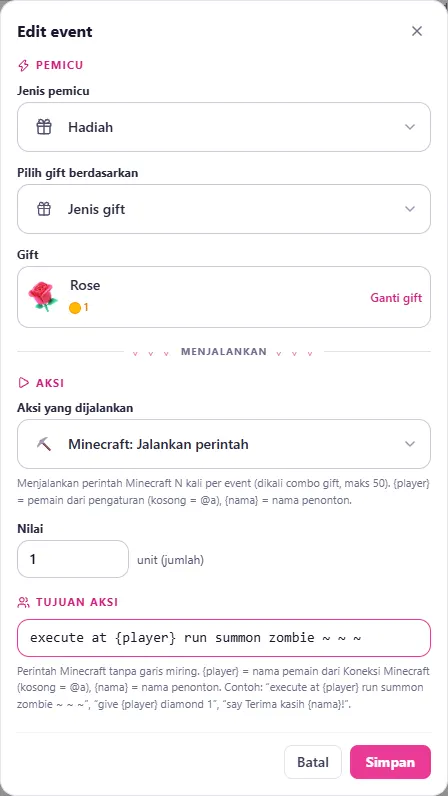 Edit event: gift Rose → Minecraft: Jalankan perintah 1 unit, perintah summon zombie