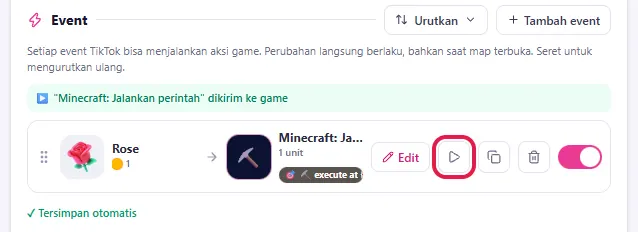 Event zombie tersimpan, klik ▶ Tes di game