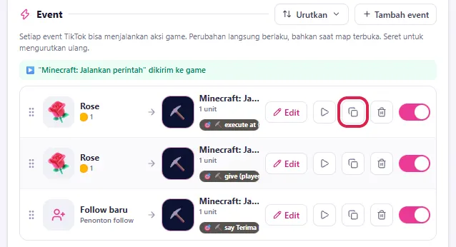 Daftar event: zombie, salinan (give diamond) & Follow baru (say)
