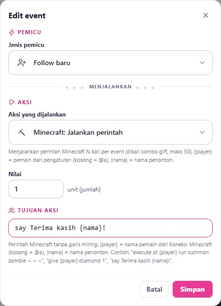 Edit event: pemicu Follow baru → perintah say Terima kasih {nama}!