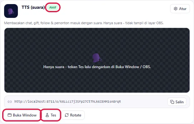 Lencana Aktif, tombol Buka Window & Tes di kartu TTS