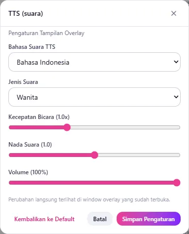 Jendela Atur TTS: bahasa, jenis suara, kecepatan, nada & volume