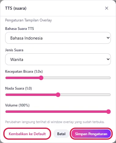 Tombol Kembalikan ke Default & Simpan Pengaturan