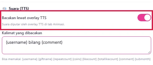 Atur Chat (tab Overlay): sakelar Bacakan lewat overlay TTS & kalimat {username} bilang {comment}
