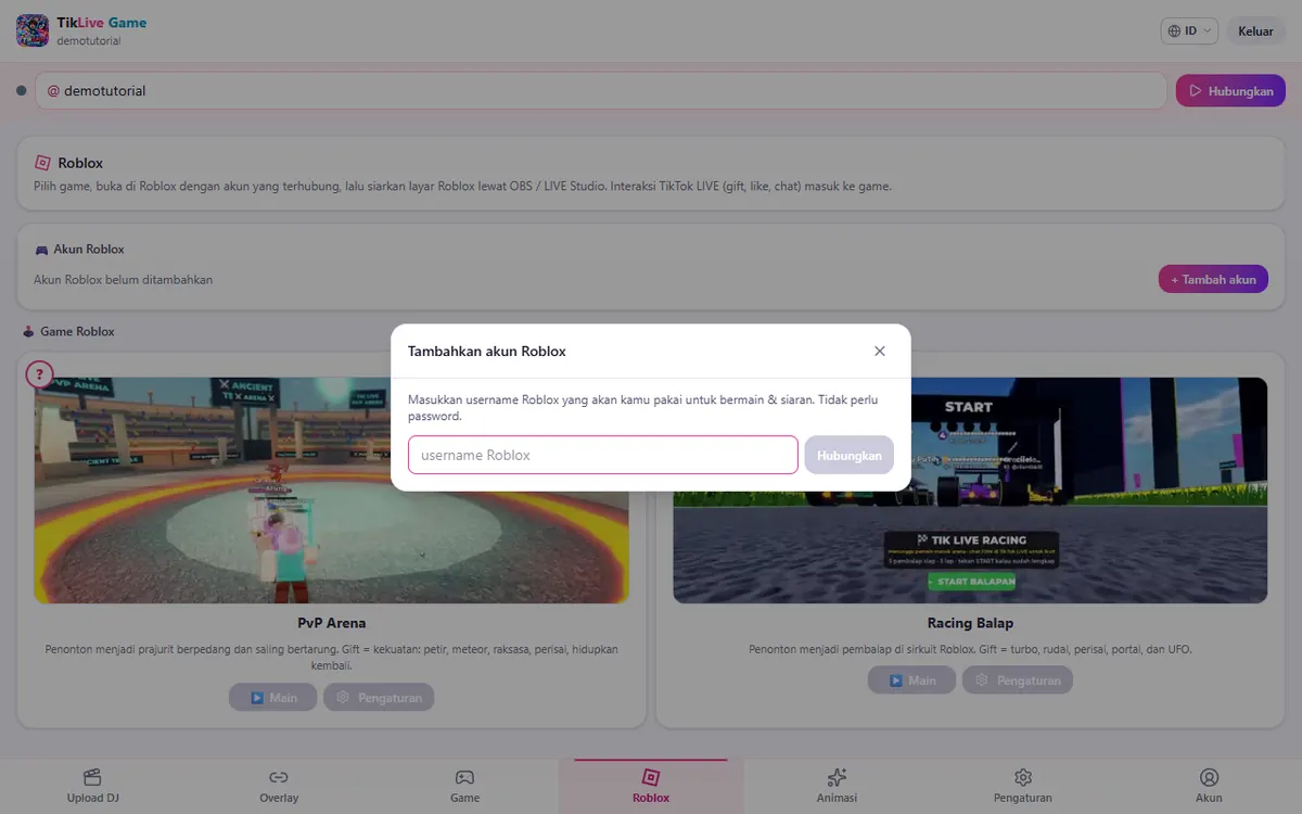Tab Roblox: popup Tambahkan akun Roblox muncul otomatis